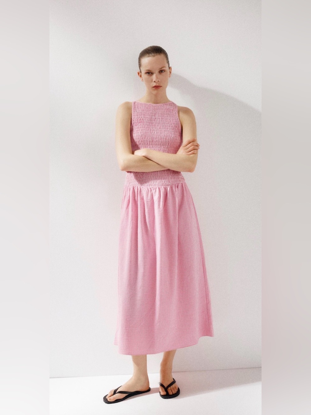 Zara Gingham Smocked Midi Dress Pink White Sz S | Cottagecore Balletcore - Picture 1 of 15